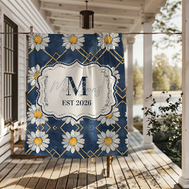 Op maat gemaakte Navy Daisy Gingham Monogram Decor Fleece Deken