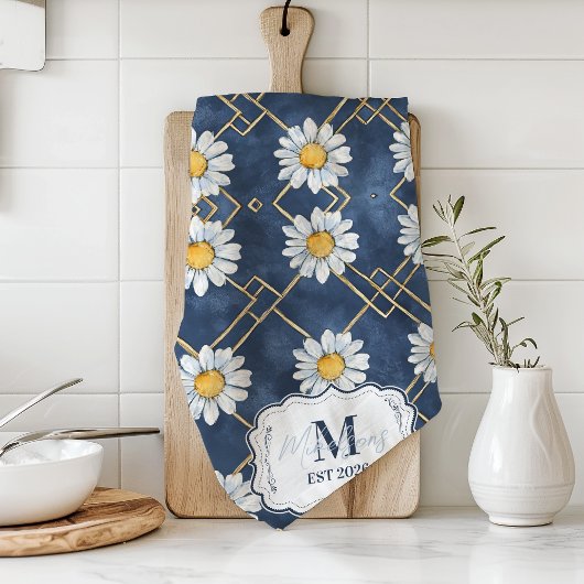 Op maat gemaakte Navy Daisy Gingham Monogram Decor Theedoek
