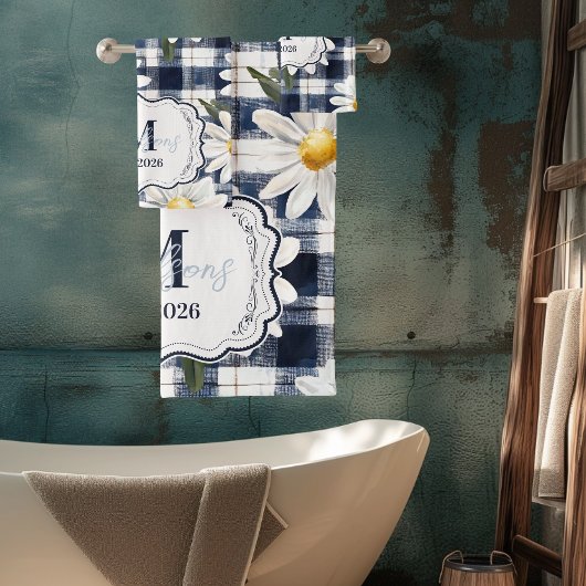Op maat gemaakte Navy Gingham Daisy Monogram Bad Handdoek