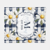 Op maat gemaakte Navy Gingham Daisy Monogram Fleece Deken (Voorkant (Horizontaal))