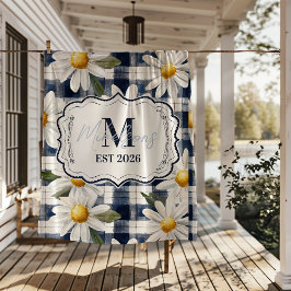 Op maat gemaakte Navy Gingham Daisy Monogram Fleece Deken