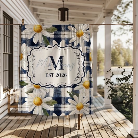 Op maat gemaakte Navy Gingham Daisy Monogram Fleece Deken