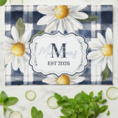 Op maat gemaakte Navy Gingham Daisy Monogram Theedoek (Gevouwen)