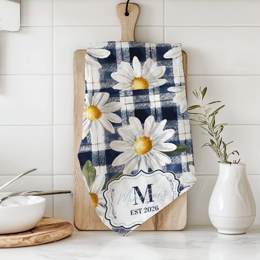 Op maat gemaakte Navy Gingham Daisy Monogram Theedoek