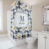 Op maat gemaakte Navy Gingham Madeliefjes Monogram Douchegordijn (In situ)
