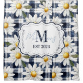Op maat gemaakte Navy Gingham Madeliefjes Monogram Douchegordijn (Voorkant)