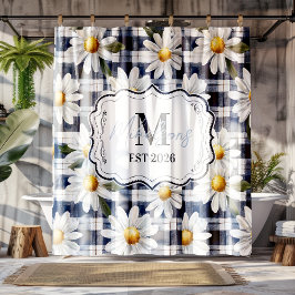Op maat gemaakte Navy Gingham Madeliefjes Monogram Douchegordijn