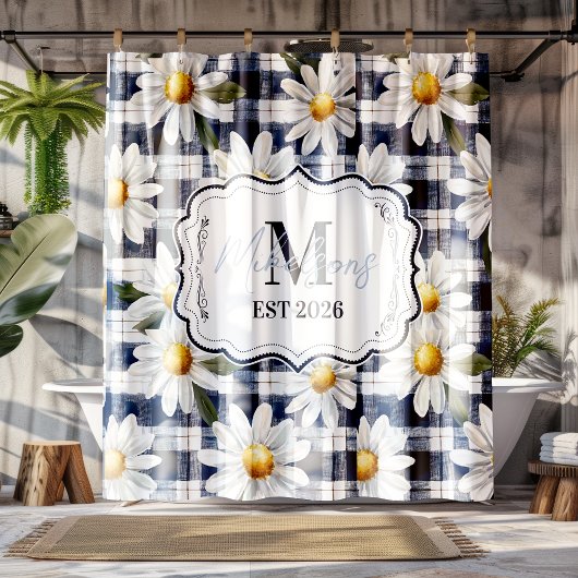 Op maat gemaakte Navy Gingham Madeliefjes Monogram Douchegordijn