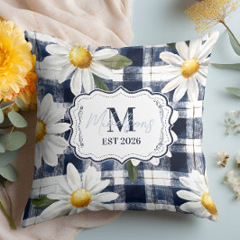 Op maat gemaakte Navy Gingham Madeliefjes Monogram Kussen