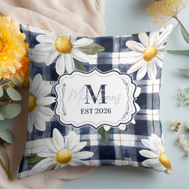 Op maat gemaakte Navy Gingham Madeliefjes Monogram Kussen (Creator heeft geüpload)