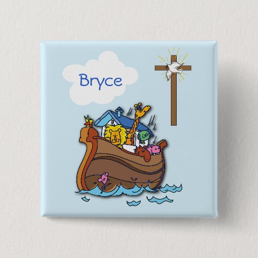 Op maat gemaakte Noachs Ark Doopfeest voor baby, j Vierkante Button 5,1 Cm (Voorkant)
