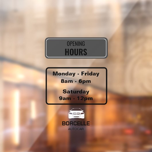 Op maat gemaakte openingstijden autoshowroom zwart raamsticker (Vel 2)