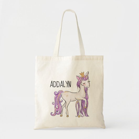 Op maat gemaakte paars witte eenhoorn tiara tote bag (Voorkant)