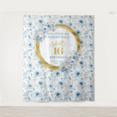 Op maat gemaakte pastelblauwe Sweet 16 gouden glin Wandkleed (Voorkant)