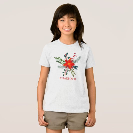 Op maat gemaakte Rode Poinsettia Prettig Kerstfees Tri-Blend Shirt (Voorkant volledig)
