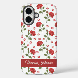 Op maat gemaakte rode rozen en pootafdruk bloemstu iPhone 16 hoesje