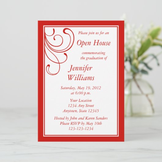 Op maat gemaakte rode uitnodiging - Elegante krulv (Staand voorkant)