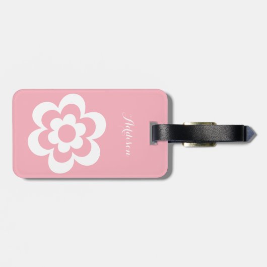 Op maat gemaakte roze bagagelabels met witte bloem (Achterkant horizontaal)
