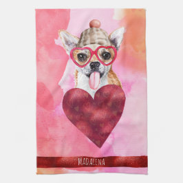 Op maat gemaakte roze cadeau voor hondenliefhebber theedoek