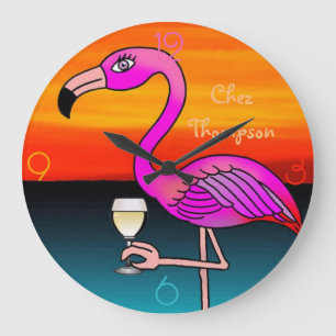 Op maat gemaakte roze flamingo voor wijn drinken grote klok