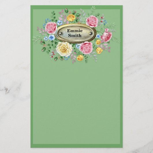 Op maat gemaakte roze-gele bloemige groen briefpapier (Voorkant)