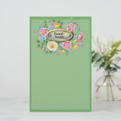 Op maat gemaakte roze-gele bloemige groen briefpapier (Staand voorkant)