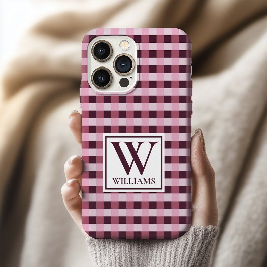 Op maat gemaakte roze geruite monogram telefoonhoe iPhone hoesje