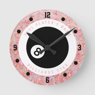 Op maat gemaakte roze glitters meisjes biljart zwe ronde klok