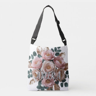 Op maat gemaakte roze gouden bloemenopeenvolgorde crossbody tas