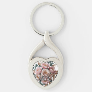 Op maat gemaakte roze gouden bloemige monogram har sleutelhanger