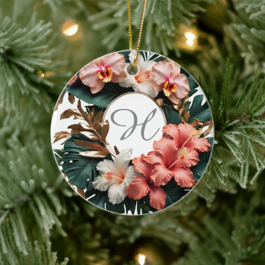 Op maat gemaakte roze gouden bloemige monogram ron keramisch ornament (Boom)