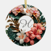 Op maat gemaakte roze gouden bloemige monogram ron keramisch ornament (Voorkant)