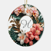 Op maat gemaakte roze gouden bloemige monogram ron keramisch ornament (Links)