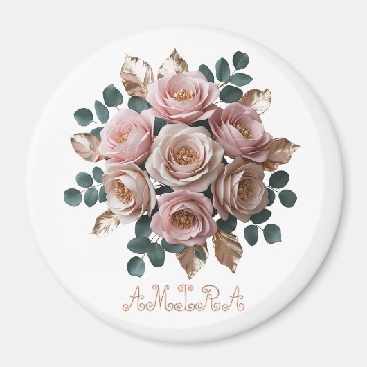 Op maat gemaakte roze gouden bloemige monogram ron magneet (Voorkant)