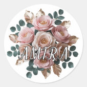 Op maat gemaakte roze gouden bloemige monogram ron ronde sticker (Voorkant)