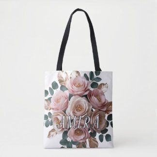 Op maat gemaakte Roze Gouden Bloemige Monogram Sch Tote Bag