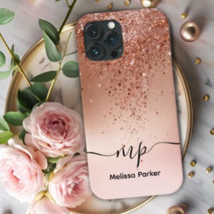 Op maat gemaakte Roze Gouden Glitter Drip Monogram Case-Mate iPhone Case