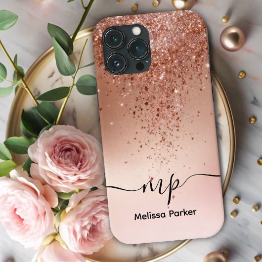 Op maat gemaakte Roze Gouden Glitter Drip Monogram Case-Mate iPhone Case