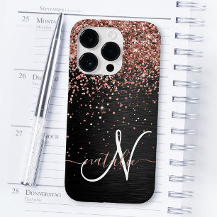 Op maat gemaakte roze gouden glitter zwarte glans iPhone 14 plus hoesje