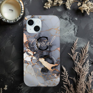 Op maat gemaakte Roze Gouden Marmer Monogram iPhone 15 Case