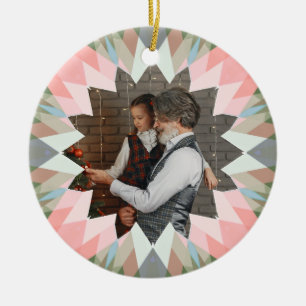 Op maat gemaakte roze grijze kerstster familie fot keramisch ornament