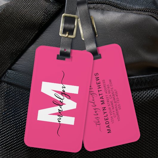 Op maat gemaakte roze initiële naammonogram bagagelabel