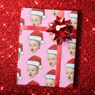 Op maat gemaakte roze kerst gezicht foto kerstman cadeaupapier