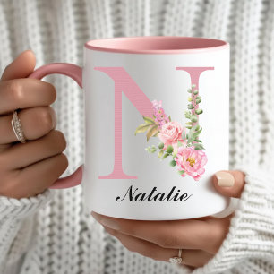Op maat gemaakte roze roos bloemige monogram mok c