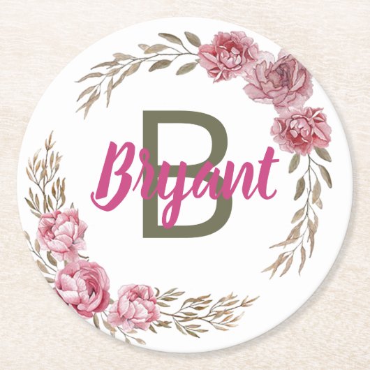 Op maat gemaakte Roze Roos Monogram Ontwerp Ronde Kartonnen Onderzetter (Voorkant)