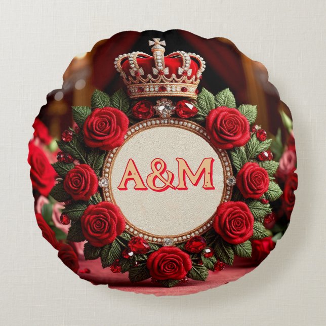 👑 Op maat gemaakte rozen kroon monogram naam cade Rond Kussen (Voorkant)