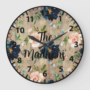 Op maat gemaakte rustieke houten bloemen Navy Blue Grote Klok