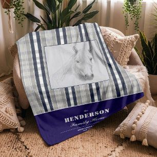 Op maat gemaakte rustieke paarden familienaam Navy Fleece Deken
