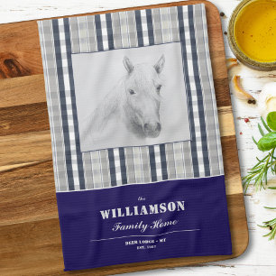 Op maat gemaakte rustieke paarden familienaam navy theedoek