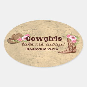 Op maat gemaakte rustieke roze bloemkoe Cowgirl Ovale Sticker
